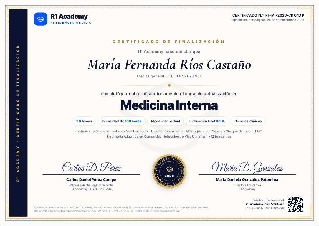 Muestra de certificado de un curso de R1 Academy con código y QR